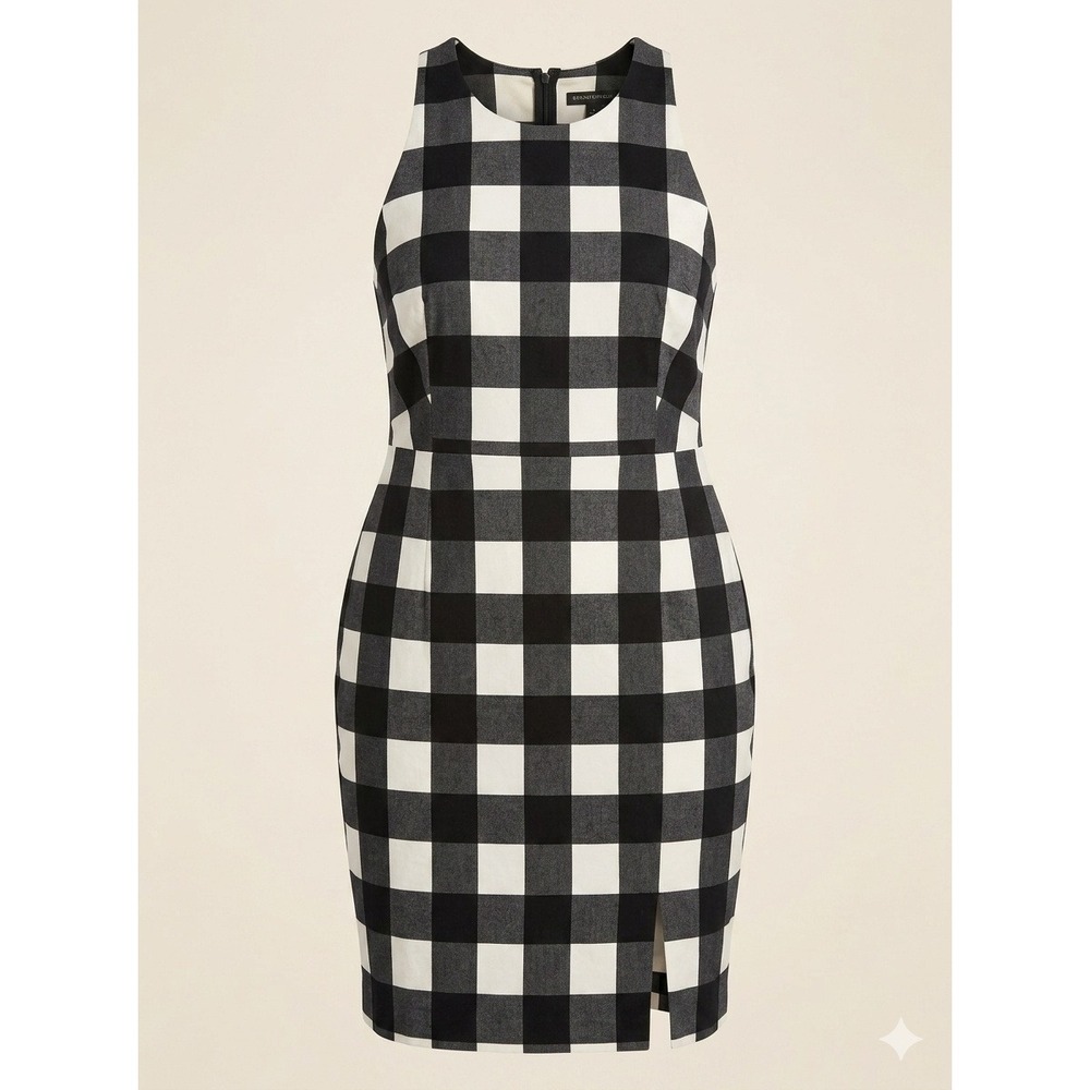 Banana Republic Womens 14 Black White Plaid Halter Sheath Dress Stretch Cotton